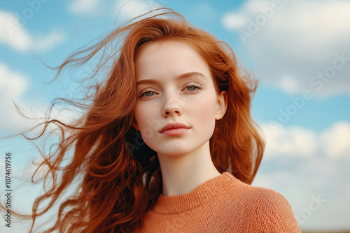 Young Redhead Woman with Freckles Outdoors on a Sunny Day, Wind Blowing Hair, Looking at Camera.