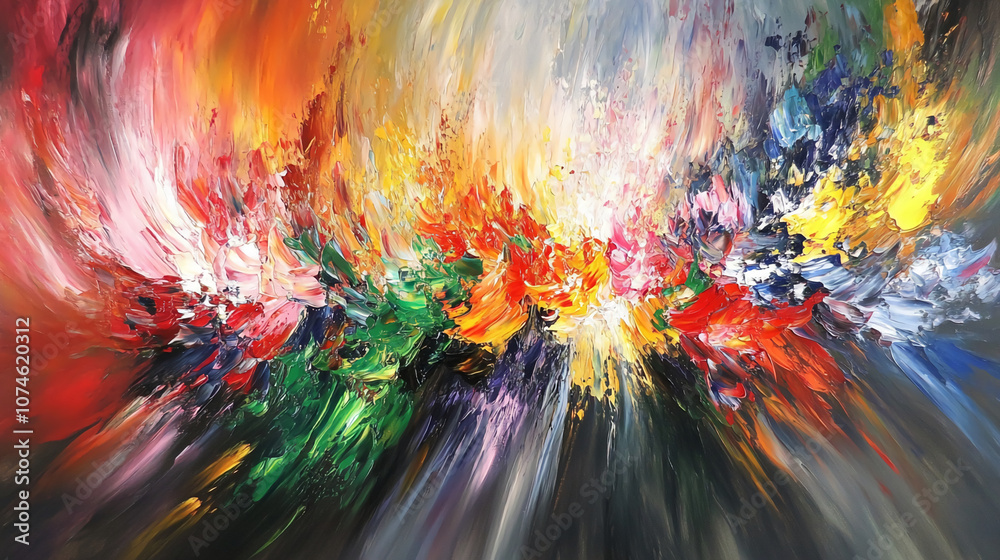 A vibrant abstract painting featuring bold strokes of red, orange, yellow, green, blue, and white against a dark grey background A vibrant abstract painting featuring bold strokes of red, orange, yellow, green, blue, and white against a dark grey background