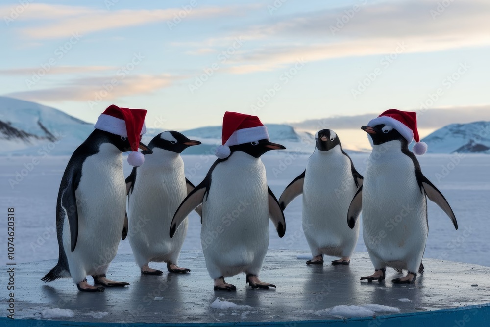 Obraz premium Family of penguins wearing Santa hats against the Arctic backdrop