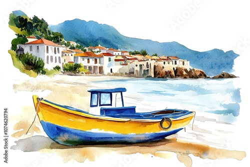 Watercolor illustration of some colorful fishing boats at the pier with their reflections in the emerald sea water 