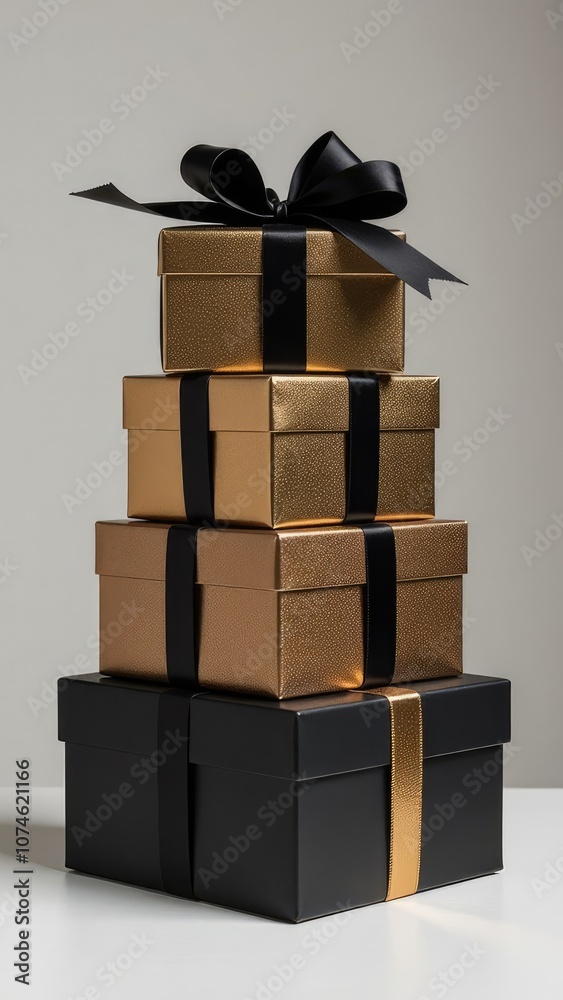 Obraz premium Elegant stack of black and gold gift boxes with a ribbon in a bright setting