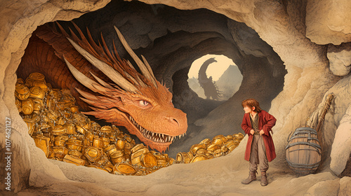 A captivating image of bilbo baggins sneaking through smaug s treasure filled lair the dragon s silhouette looming in the background unaware of the intruder. Dragon's Lair. Illustration photo