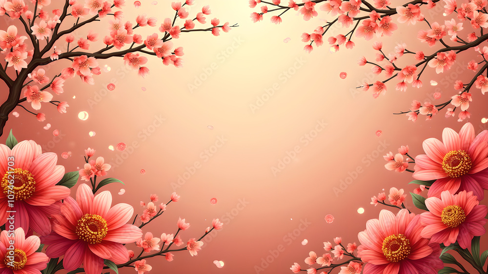 Fototapeta premium Pink cherry blossom flowers blooming on a peach background. Springtime floral background for website banners and social media.