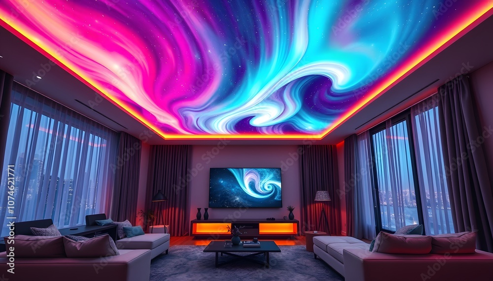 Vibrant aurora borealis ceiling with futuristic living room, neon colors Vibrant aurora borealis ceiling with futuristic living room, neon colors