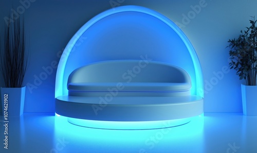 Modern blue illuminated sofa with circular base and backdrop, minimalist design