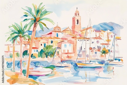 Boats on the island harbor,handmade painting

