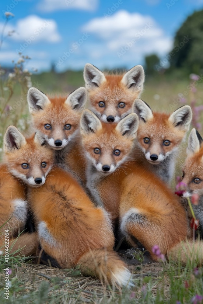 Obraz premium A group of fox cubs on the edge of the forest.