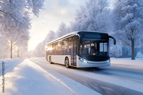 White city bus driving on a snow-covered road lined with frosted trees under morning sunlight in winter. Winter travel and transportation concept