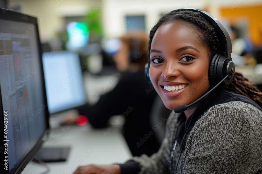 Woman with headset and using computer in call center office for advice or consulting. Communication, conversation and feedback with happy customer service employee in workplace for telemarketing. Woman with headset and using computer in call center office for advice or consulting. Communication, conversation and feedback with happy customer service employee in workplace for telemarketing.