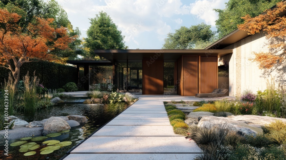 Fototapeta premium Modern Minimalist House with Japanese Garden