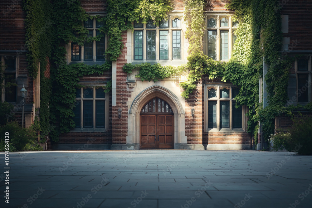 Fototapeta premium Ivy-Covered College Building Entrance with Gothic Arched Door and Stone Pathway