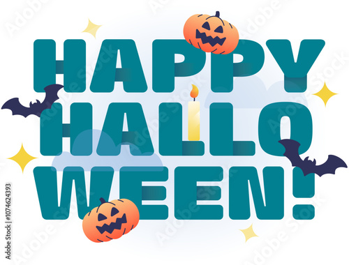 Lettering Happy Halloween with pumpkins and bats text