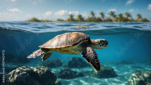 A green sea turtle gracefully swims above vibrant coral reefs in a tropical paradise