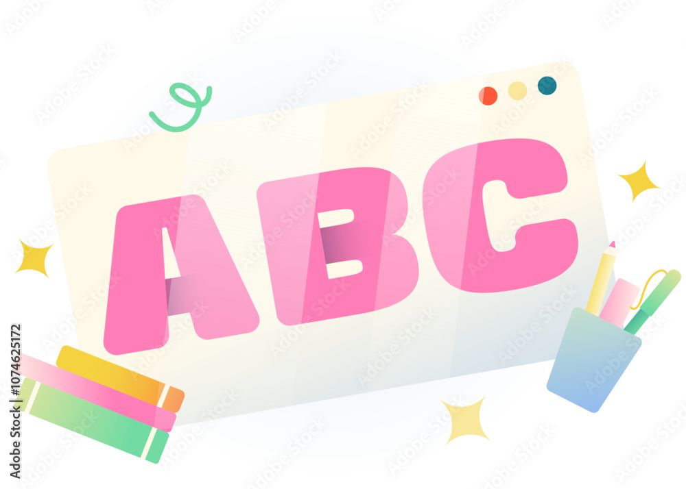 Lettering ABC with books and pencils cup text Lettering ABC with books and pencils cup text