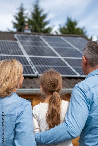 A happy family rejoices as they look at the solar panel installed on the roof of their house.