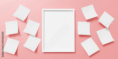 Mockup template vertical blank picture frame for photographs ads pink background. with paper post it write copy space for text Poster banner design surprise. 3d render. illustration.