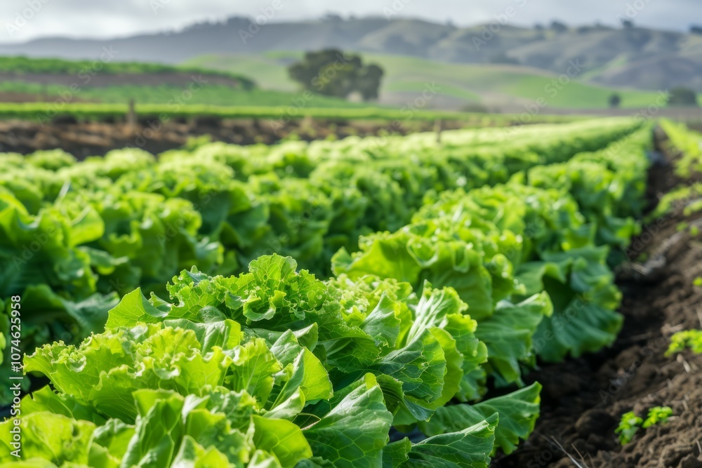 Cultivated field of lettuce growing in rows along the contour line skyscape. Neural network ai generated art Cultivated field of lettuce growing in rows along the contour line skyscape. Neural network ai generated art