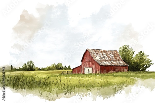 Watercolor rural landscape. Barn, stable in the village. Cart with hay, hedge on the background of the forest. Digital painting. Drawing watercolor. Travel and vacation concept. 