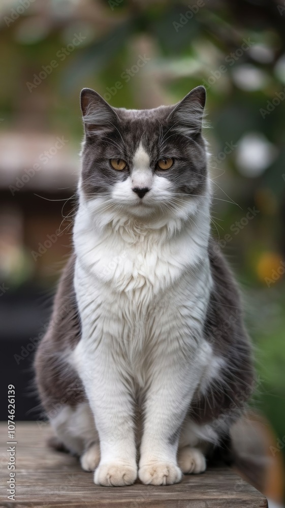 Photo of a serious cute cat sitting on a table in a home interior, looking straight into the camera lens. Photo of a serious cute cat sitting on a table in a home interior, looking straight into the camera lens.