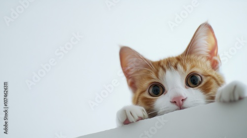 Curious cat peeking over a white ledge, wide-eyed look