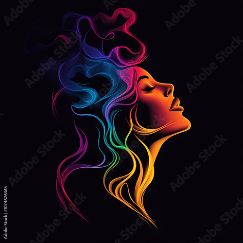 vibrant illustration of woman profile with colorful flowing hair, showcasing artistic expression and creativity. design features swirling lines and dark background, enhancing vivid colors