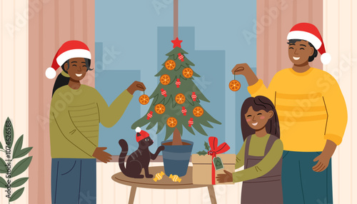 Sustainable Christmas concept. A family decorates a potted Christmas tree at home. Eco friendly Christmas.