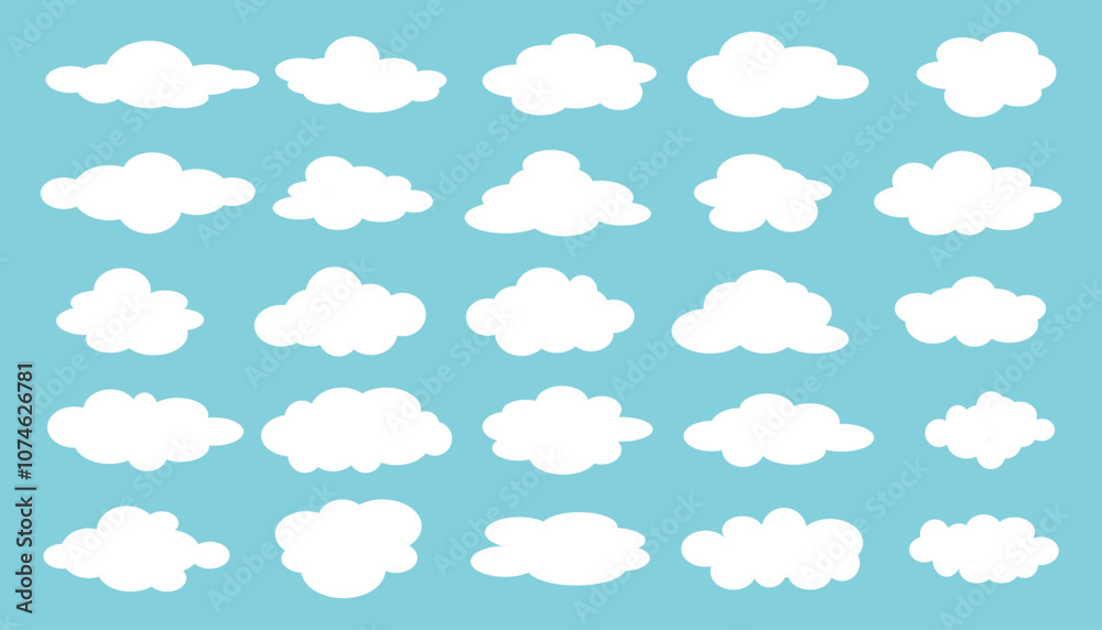 Vector illustration of white flat clouds on blue sky. Set of clouds. Cloudy sky background. Vector illustration of white flat clouds on blue sky. Set of clouds. Cloudy sky background.