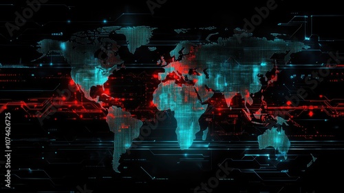 Digital world map on a black background with glowing blue lights and red accents. photo