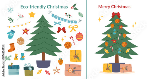Sustainable Christmas tree decorations set for holiday greeting card. Ecological Christmas. Christmas tree and Christmas ornaments.