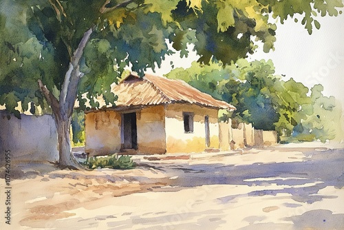 Nice scenery of village homes and trees with green foliage. Hand painted watercolor art created with watercolor paint and brushes. Indian village landscape.
