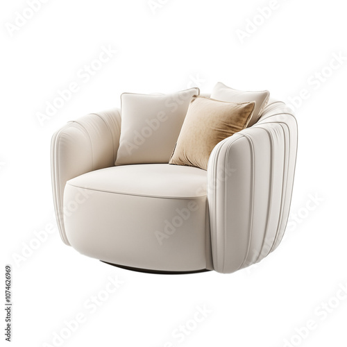 A beige fabric swivel chair with an armrest, transparent background photo