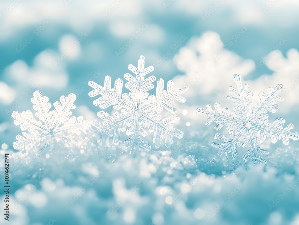 Close-up image of intricate snowflakes resting on a frosty surface with a soft pastel blue and pink background in winter. Close-up image of intricate snowflakes resting on a frosty surface with a soft pastel blue and pink background in winter.