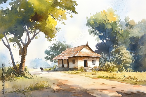 Nice scenery of village homes and trees with green foliage. Hand painted watercolor art created with watercolor paint and brushes. Indian village landscape.

