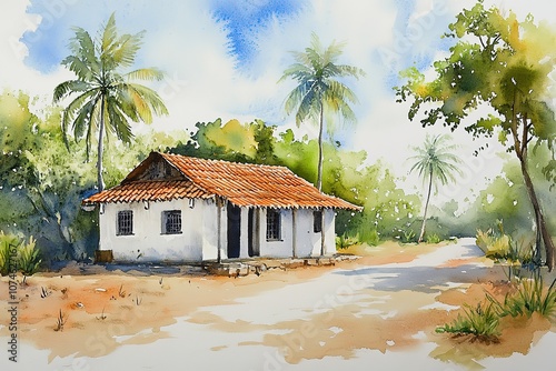 Nice scenery of village homes and trees with green foliage. Hand painted watercolor art created with watercolor paint and brushes. Indian village landscape.
