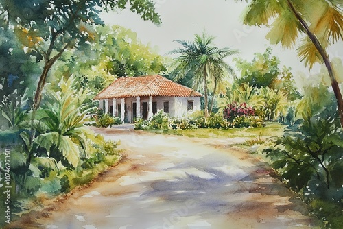 Nice scenery of village homes and trees with green foliage. Hand painted watercolor art created with watercolor paint and brushes. Indian village landscape.

