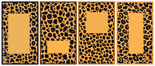 Abstract leopard dots vertical background posters set. Exotic wild animal skin print pattern safari jungle fur backdrop. Invitation card cover banner social media design template. Vector illustration