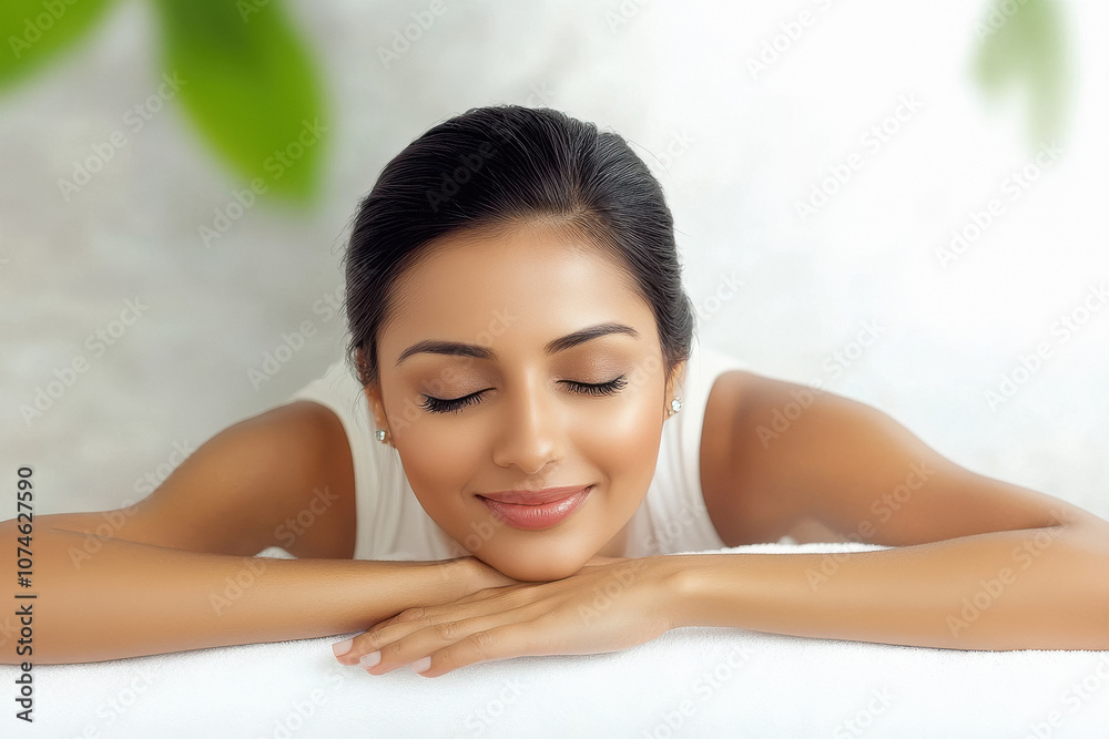 A beautiful Indian woman lying on a massage table in a spa, relaxing and enjoying the experience. A beautiful Indian woman lying on a massage table in a spa, relaxing and enjoying the experience.
