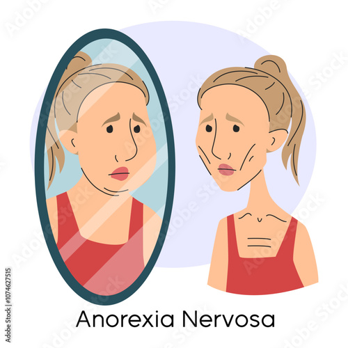 Anorexia nervosa illness vector isolated. Illustration of a skinny woman looking at her reflection in the mirror. Unhappy character sees fat person in mirror. Eating disorder.