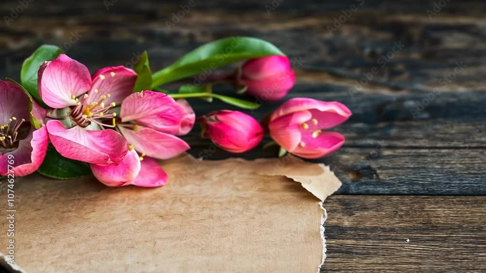 Pink flowers rest on a brown paper sheet and a wooden surface Pink flowers rest on a brown paper sheet and a wooden surface