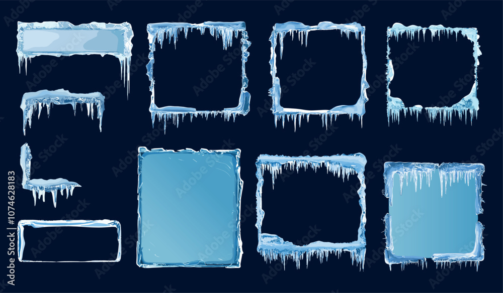 Ice square rectangular empty frames set and corners. Borders with Icicle cold winter decor frozen panels. Holiday party design elements Christmas dicoration. Cartoon style isolated vector clipart