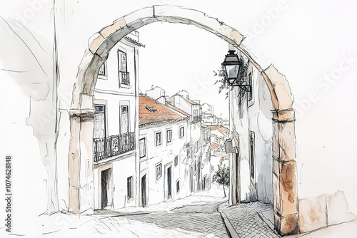 Arco Scoppa, 17th century arch in the historic center of Ostuni, Puglia, Italia, watercolor sketch illustration.
