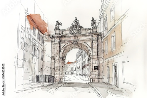 Arco Scoppa, 17th century arch in the historic center of Ostuni, Puglia, Italia, watercolor sketch illustration.
