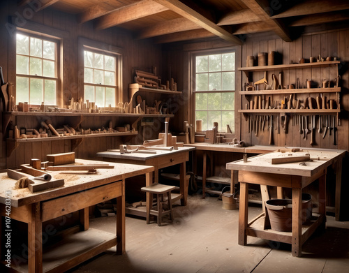 Classic woodworking shop with worn wooden workbenches, vintage hand tools, and a rich scent of wood and sawdust in the air. Generative AI