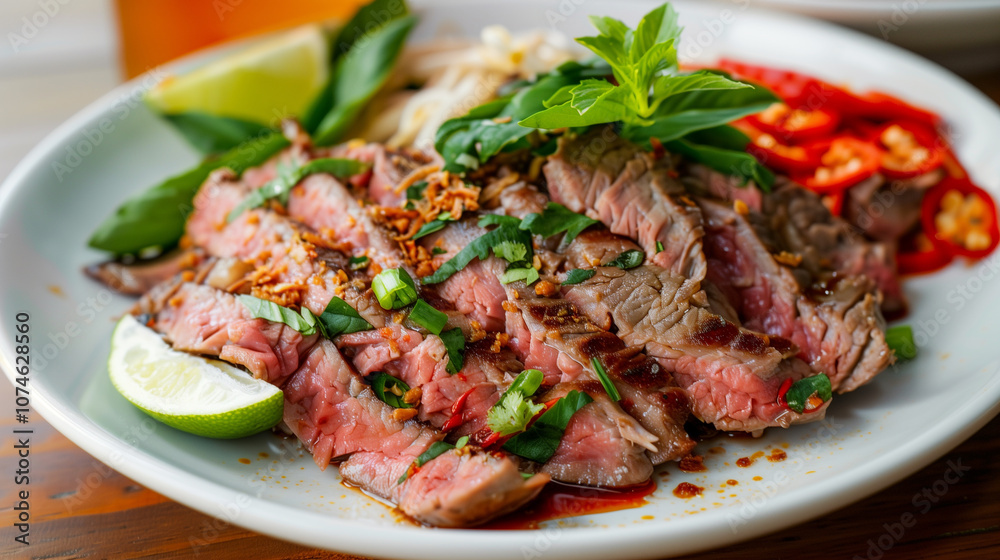 Thai Nam Tok Salad with Grilled Beef, Fresh Herbs, and Red Chili Thai Nam Tok Salad with Grilled Beef, Fresh Herbs, and Red Chili