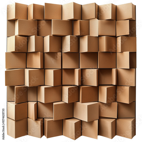 A wall of brown cardboard boxes arranged in an artistic pattern, creating the illusion that they form three-dimensional cubes or squares isolated on transparent background photo