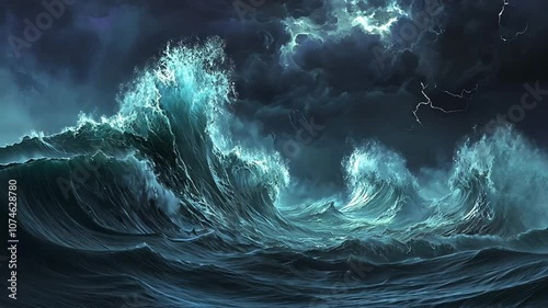 A stormy sea with crashing waves glowing in the dark.