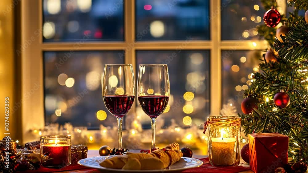 Cozy Christmas Eve with Wine and Candlelight by the Window Cozy Christmas Eve with Wine and Candlelight by the Window