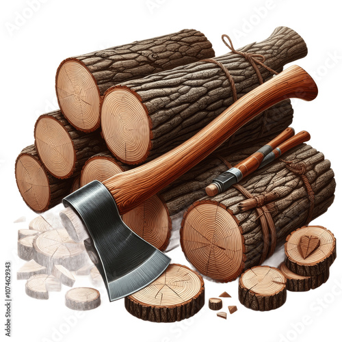Cut logs fire wood and old axe Renewable resource of a energy Environmental concept Isolated on transparent background