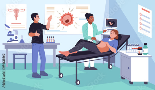 Pregnant woman at gynecologist appointment. Family planning, doctor does an ultrasound, couple is expecting newborn. Monitoring pregnancy and healthy cartoon flat isolated tidy vector concept