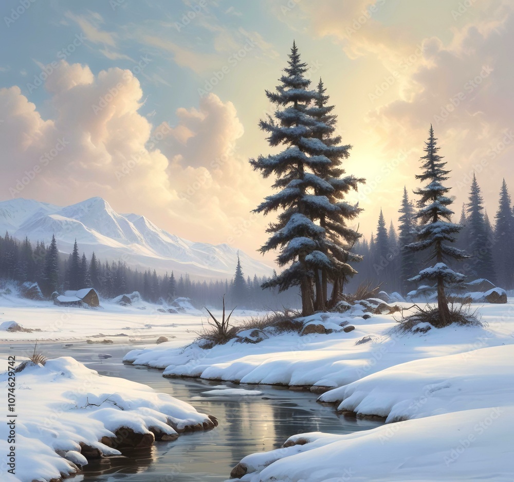 Winter landscape with mountain behind.